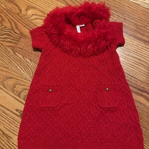 Janie and Jack Red Sweater Dress with Faux Fur Collar Size 6-12M